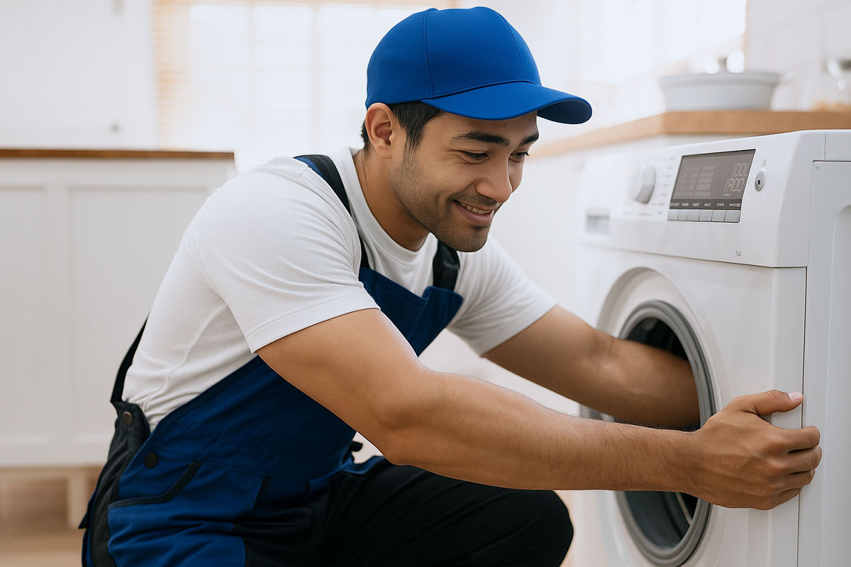 Smiling professional in a blue cap inspecting a dryer